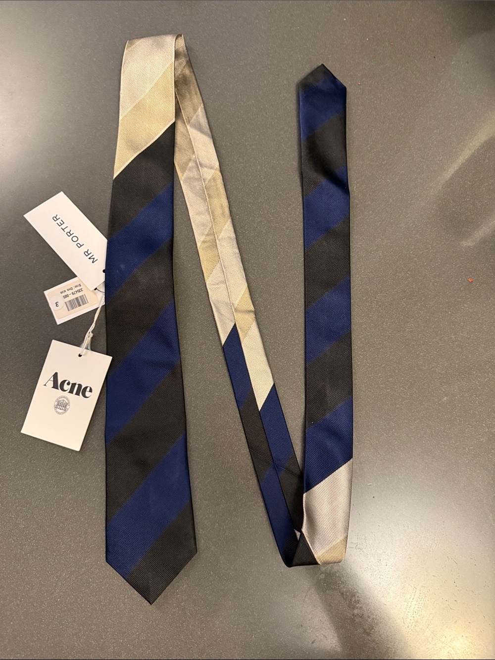 New Acne Studios Black, Navy and Cream Diagonal Stripe Silk Tie